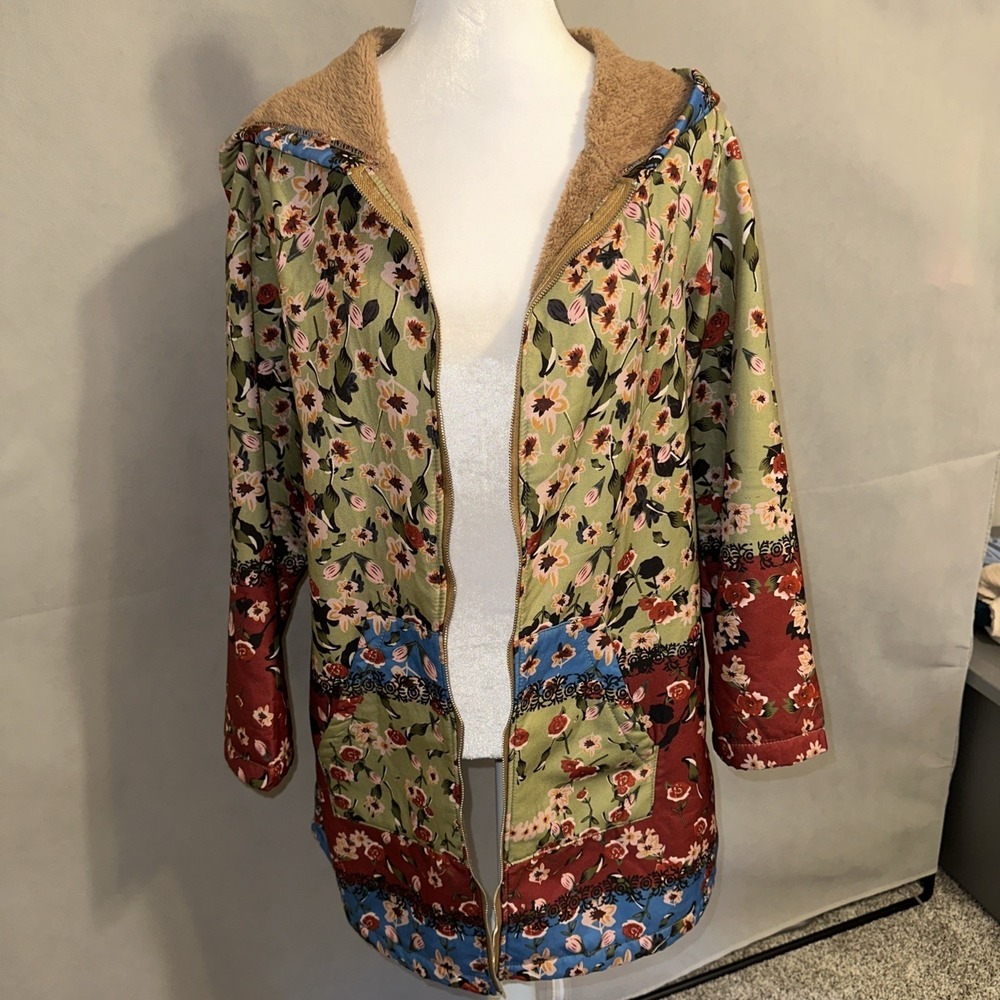 Miss look MEDIUM warm Sherpa lined floral zip up jacket Coat boho Artsy Cottage
